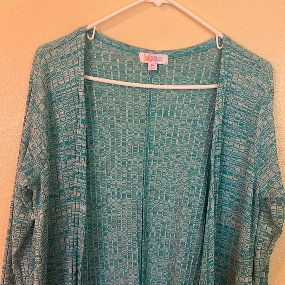 Lularoe Longline Cardigan Size Medium Heathered Teal Knit Front Pockets Cozy - Picture 3 of 10